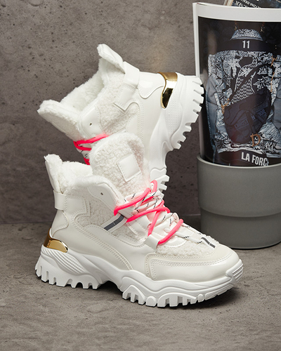 Белые женские спортивные кроссовки с мехом и неоново-розовыми шнурками Sagglo- Footwear