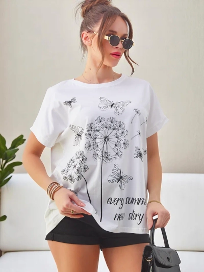 Royalfashion Moteriška medvilninė marškinėliai su pienės žiedais ir drugeliu