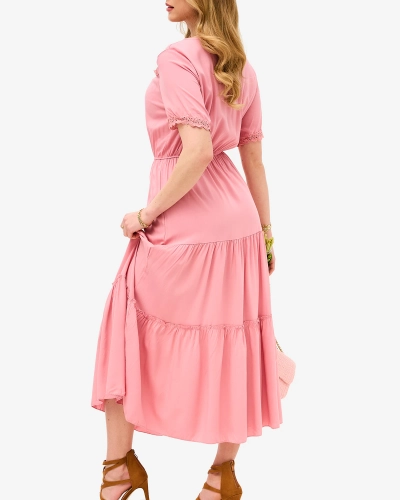 Rožinė ilga moteriška suknelė trumpomis rankovėmis - Apranga