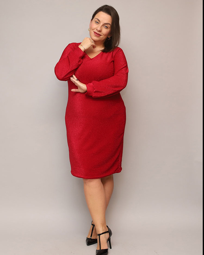 Royalfashion Blizganti raudona moteriška suknelė iki kelių PLUS SIZE