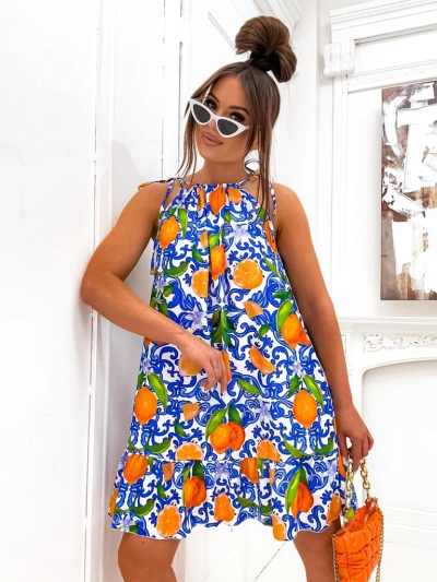 Женское мини-платье Royalfashion на тонких бретельках с поясом-завязкой на талии и модным оранжевым принтом