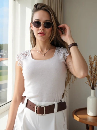 Royalfashion Хлопковая женская футболка с кружевными рукавами