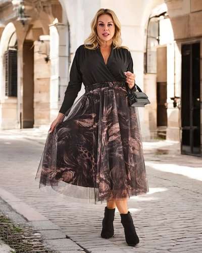 Royalfashion moterų dvigubo sluoksnio vidutinio ilgio sijonas