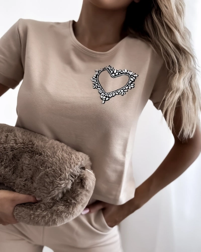 Royalfashion Бежевый женский спортивный комплект из двух частей с цирконами