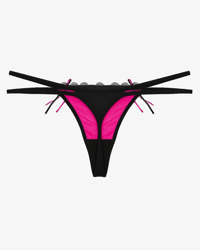 Женские стринги черно-фуксиевого цвета с кружевом и декоративными ремешками - Нижнее белье