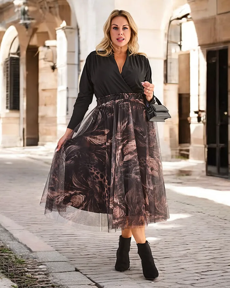 Royalfashion moterų dvigubo sluoksnio vidutinio ilgio sijonas