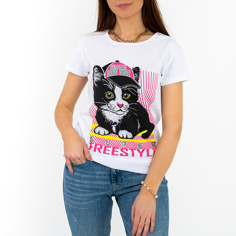 Moteriški balti blizgantys marškinėliai su kačiuko raštu - Drabužiai