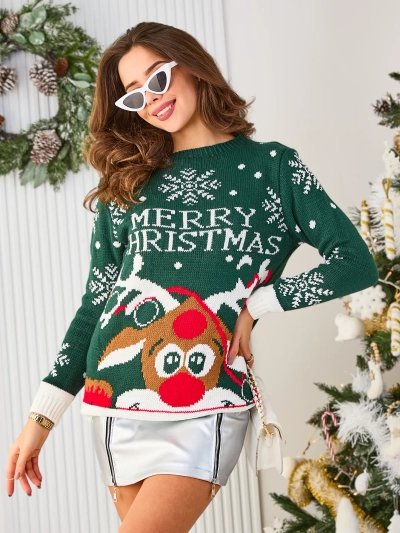 Royalfashion Moteriškas baltas kalėdinis megztinis su elniais