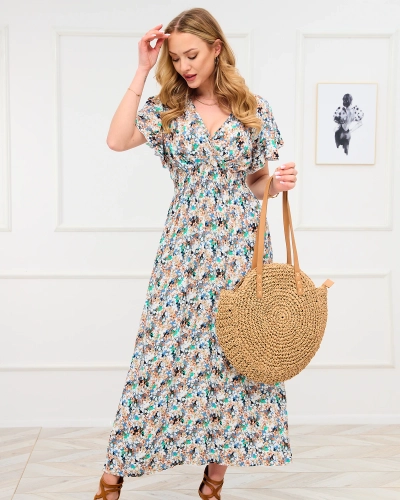 Сине-коричневое женское платье макси с цветочным узором - Одежда