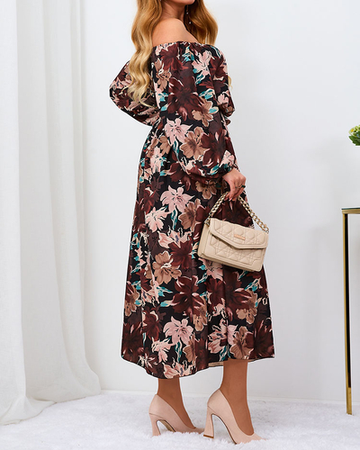 Royalfashion Juodai ruda gėlėta maksi suknelė moterims