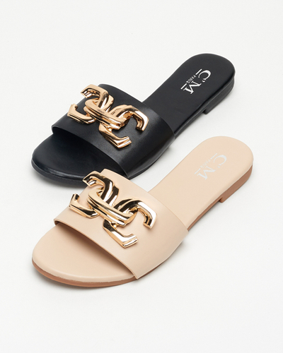 Smėlio spalvos moteriškos eko odos šlepetės su auksiniu ornamentu Simore - Avalynė