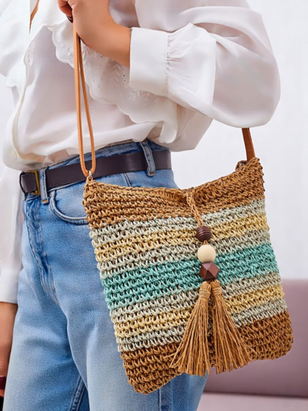 Royalfashion Maža moteriška šiaudinė rankinė su juostelėmis ir žaviu pakabuku Mini