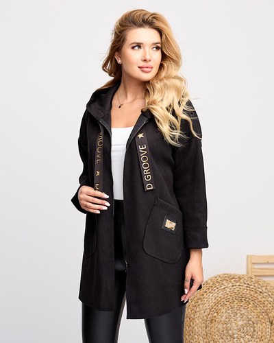 Juoda moteriška striukė – Paltas su puošmena – Drabužiai