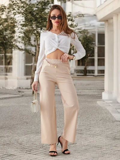 Широкие хлопковые брюки Royalfashion для женщин с декорацией в виде пояса