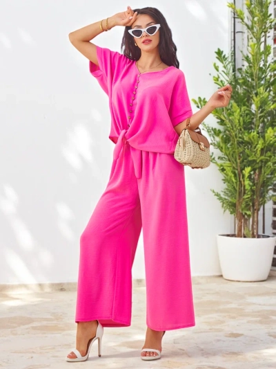 Royalfashion Moteriškas kasdienių drabužių komplektas su trumpomis rankovėmis viršumi ir plačiomis kelnėmis