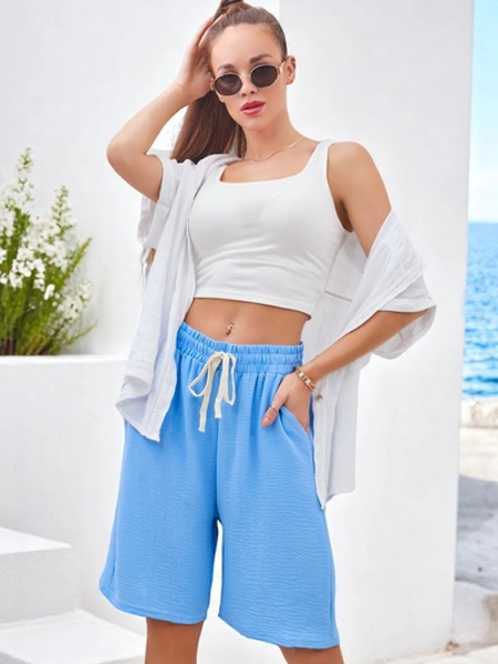 Royalfashion Trumpi moteriški šortai su elastine juosmens juosta ir raišteliais iki kelių