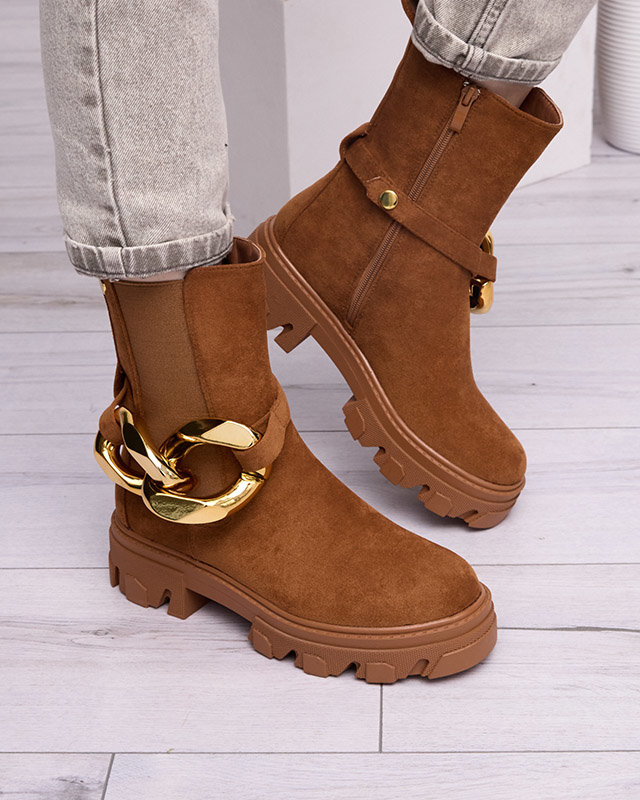 OUTLET Женские высокие сапоги с золотой цепочкой в верблюжьем цвете Elrudi - Обувь