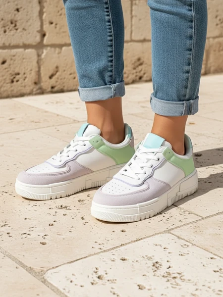 Moteriški smėlio spalvos Lycaste sportbačiai iš ekologiškos odos ant plokščio pado