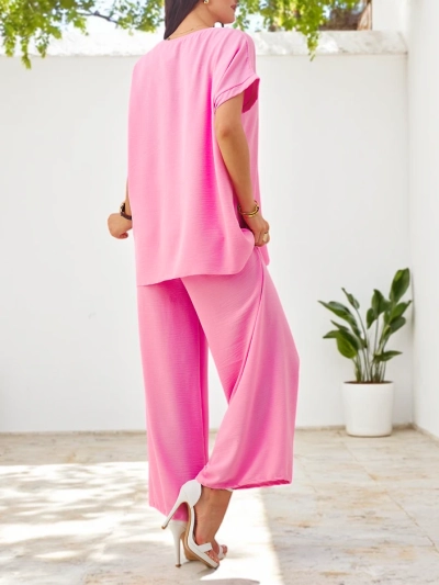 Royalfashion Женский комплект с коротким рукавом с декоративным цветком и широкими брюками