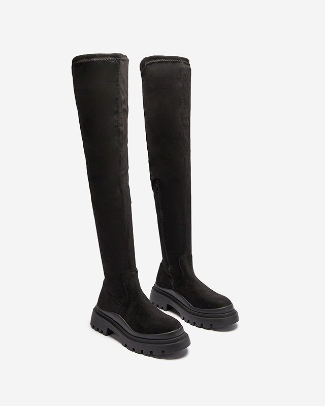 OUTLET Черные женские сапоги выше колена из эко-замши на толстой подошве Amerima- Footwear