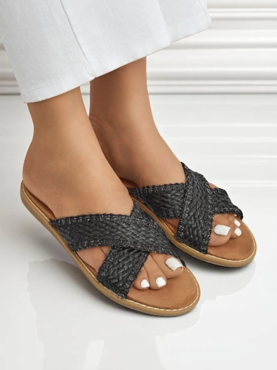 Sandały damskie Calista Nero płaskie, czarna plecionka, skóra ekologiczna