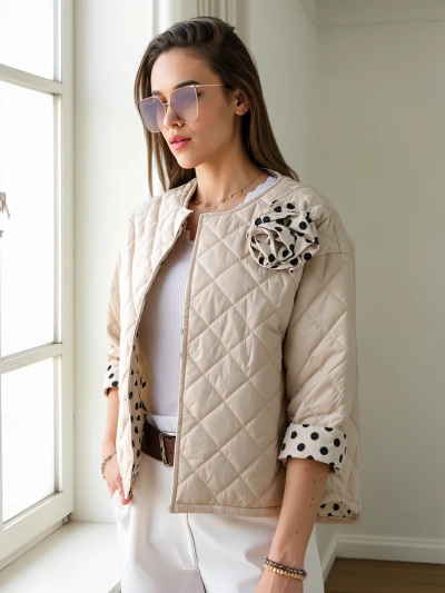 Женская весенне-переходная куртка Royalfashion с цветочным подкладом в горошек