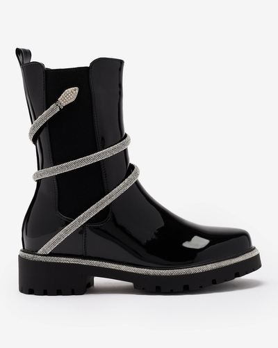 Royalfashion Juodi moteriški lakuoti batai su madingais papuošimais Frosty Glam