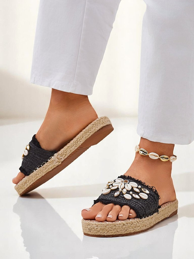 Royalfashion Helena Decor Women's Sandals Black Espadrille with Shells
