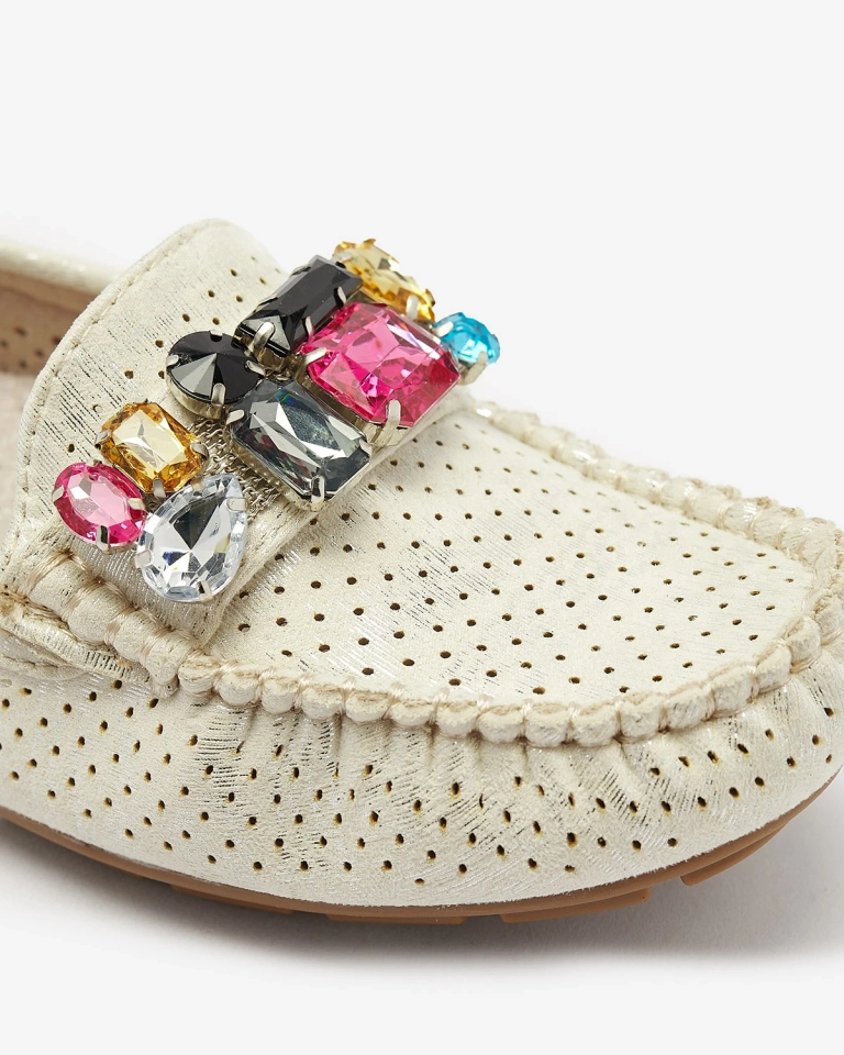 Кремовые женские ажурные мокасины с разноцветным декором Aqitic - Обувь