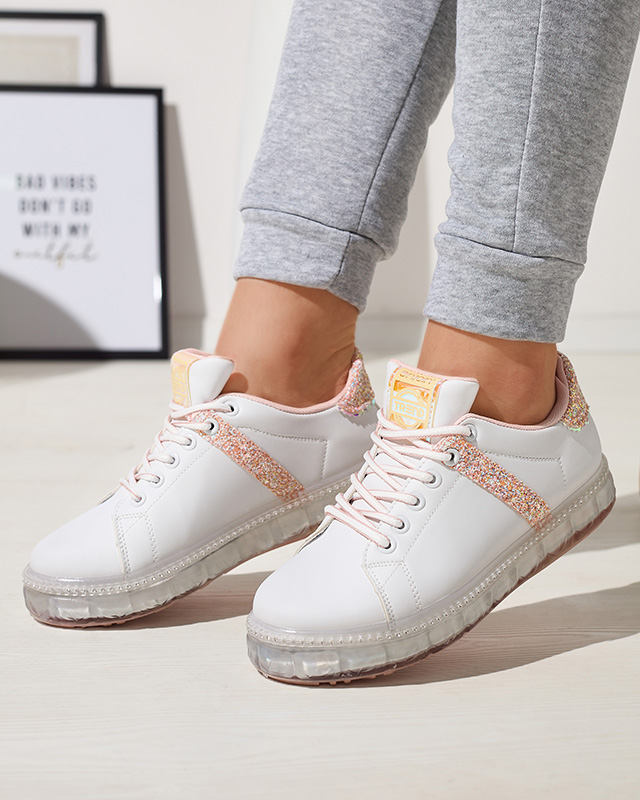 Balti moteriški sportiniai bateliai su rausvais intarpais Asxa- Footwear