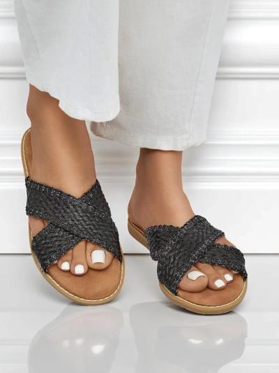 Sandały damskie Calista Nero płaskie, czarna plecionka, skóra ekologiczna
