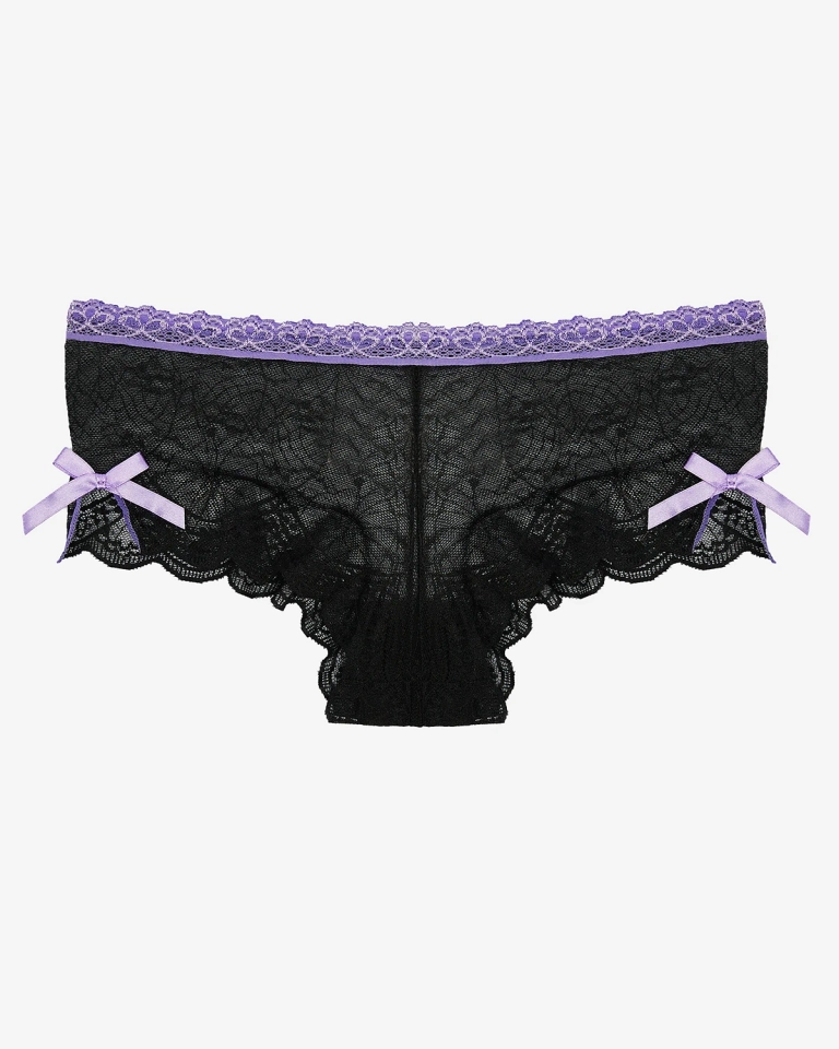 Черные женские кружевные трусы-бра с фиолетовыми бантиками - Нижнее белье