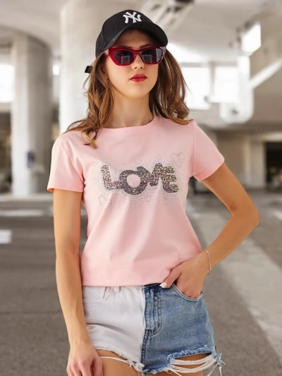 Royalfashion Moteriška medvilninė marškinėliai LOVE su kristalais