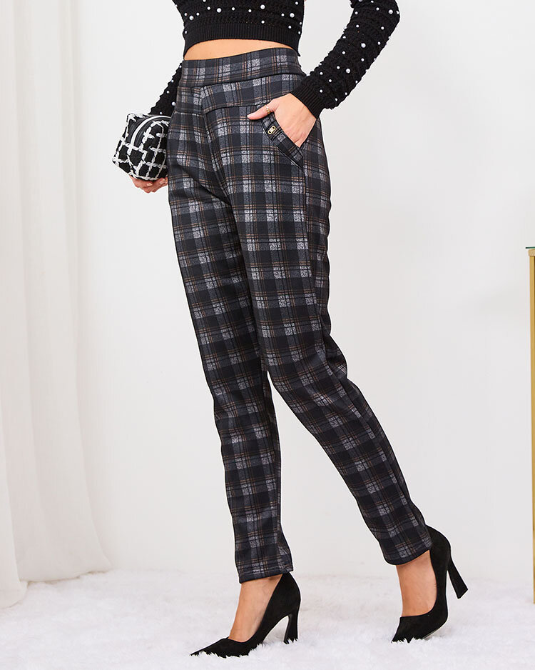 Royalfashion Серо-коричневые женские утепленные треггинсы в клетку