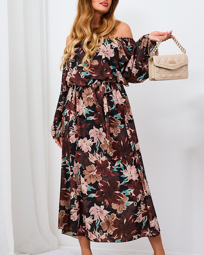 Royalfashion Juodai ruda gėlėta maksi suknelė moterims