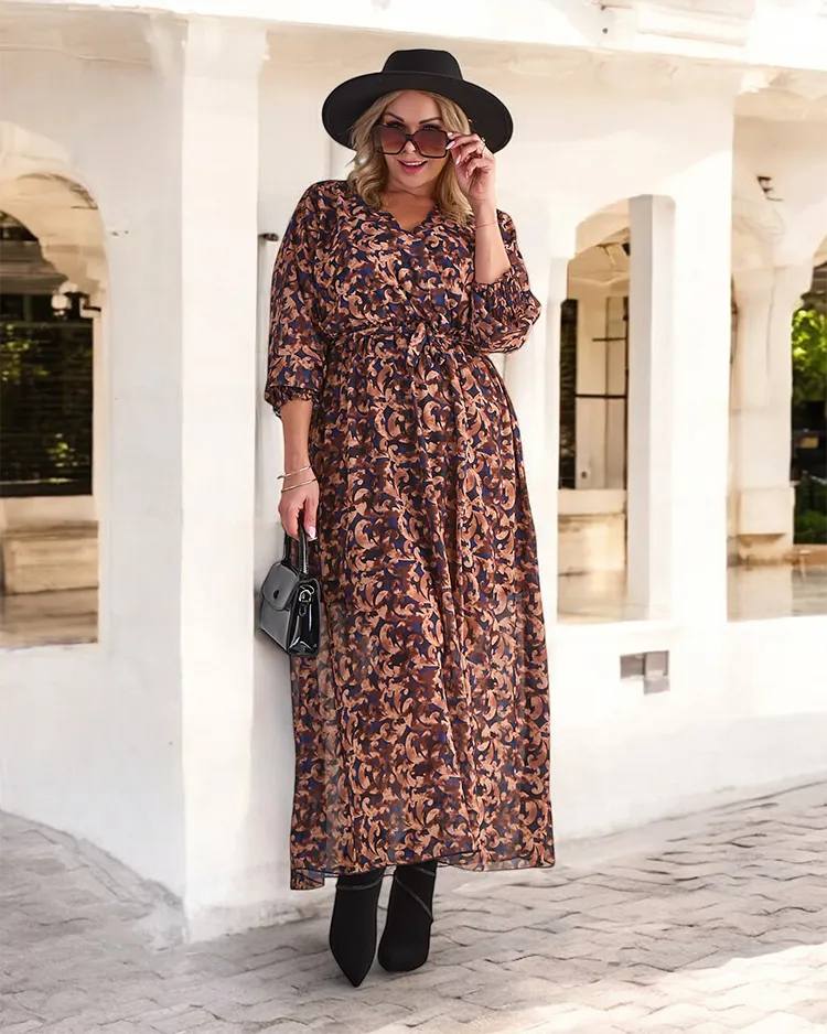 "Royalfashion" Kupranugario spalvos raštuota moteriška maksi suknelė