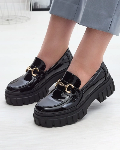 Moteriški juodi lakuoti mokasinai tvirtu padu Fenika - Avalynė