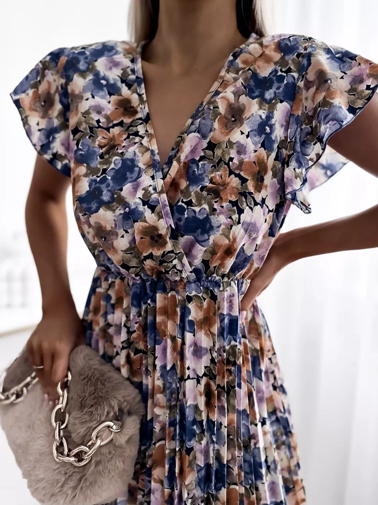 Violetinė moteriška gėlėta suknelė iki kelių - Apranga