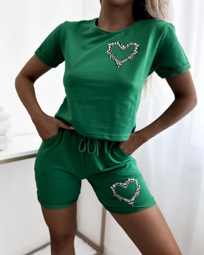 Royalfashion Темно-зеленый женский спортивный комплект из двух частей с цирконием