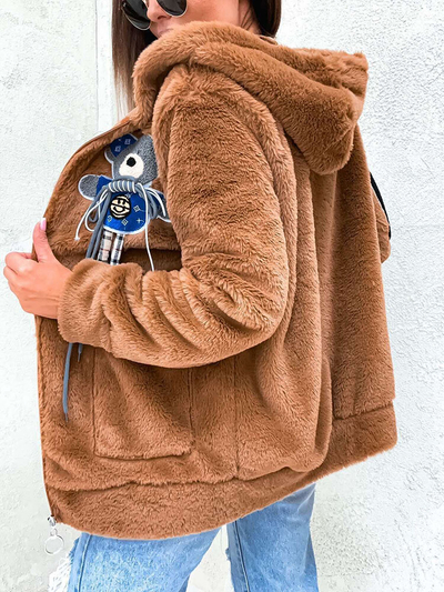 "Royalfashion" Rudas vilnonis audinys su mėlynu dekoratyviniu meškiuku