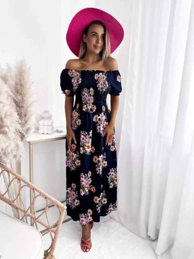 Tamsiai mėlyna moteriška midi suknelė su gėlių raštais - Apranga