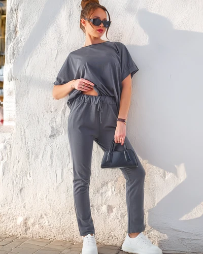 Royalfashion moterų medvilnės komplektas su trumpomis rankovėmis ir tiesiomis kelnėmis