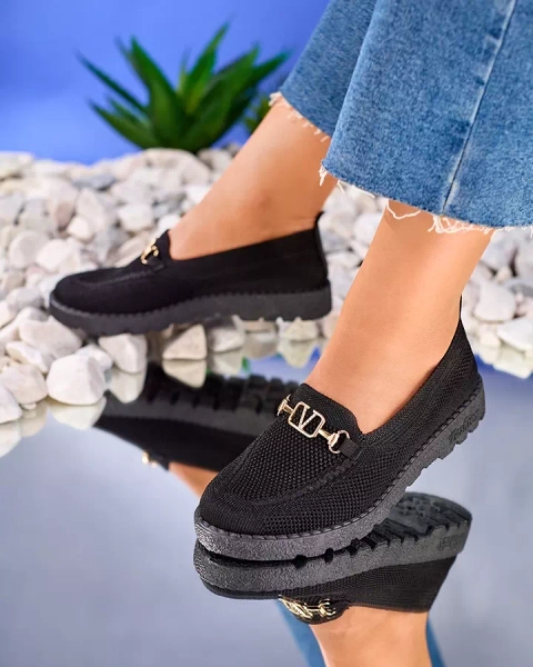 Royalfashion Juodi moteriški medžiaginiai mokasinai su aukso puošyba Ertica