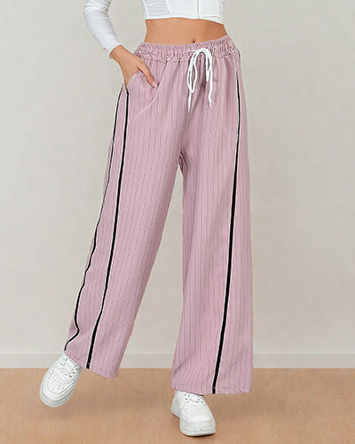 Royalfashion Moteriškos dryžuoto audinio kelnės su juostelėmis