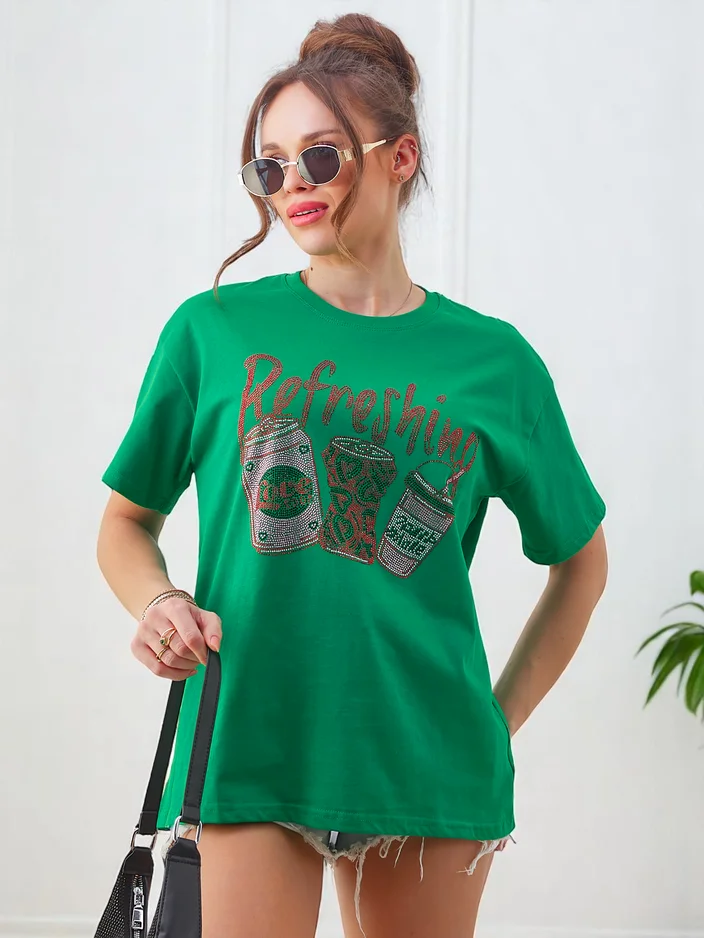 Royalfashion Moteriška medvilninė marškinėliai su rhinestone spauda