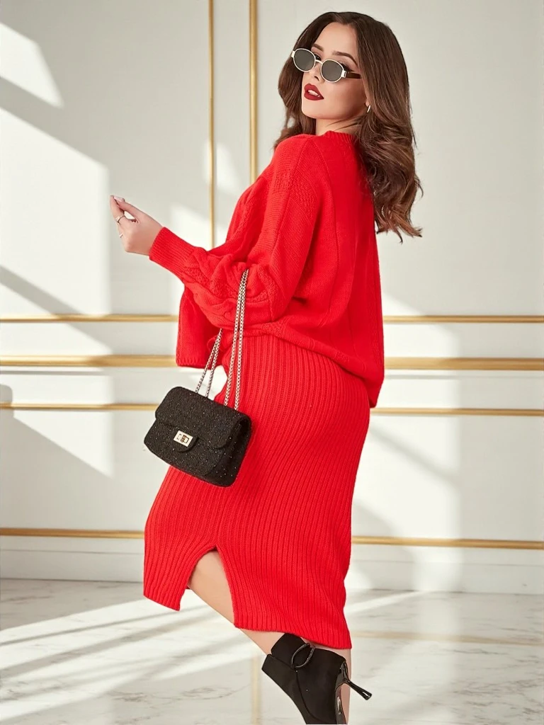 Royalfashion Набор для женщин из акрила, заплетенный с свитером и юбкой Теплый и уютный