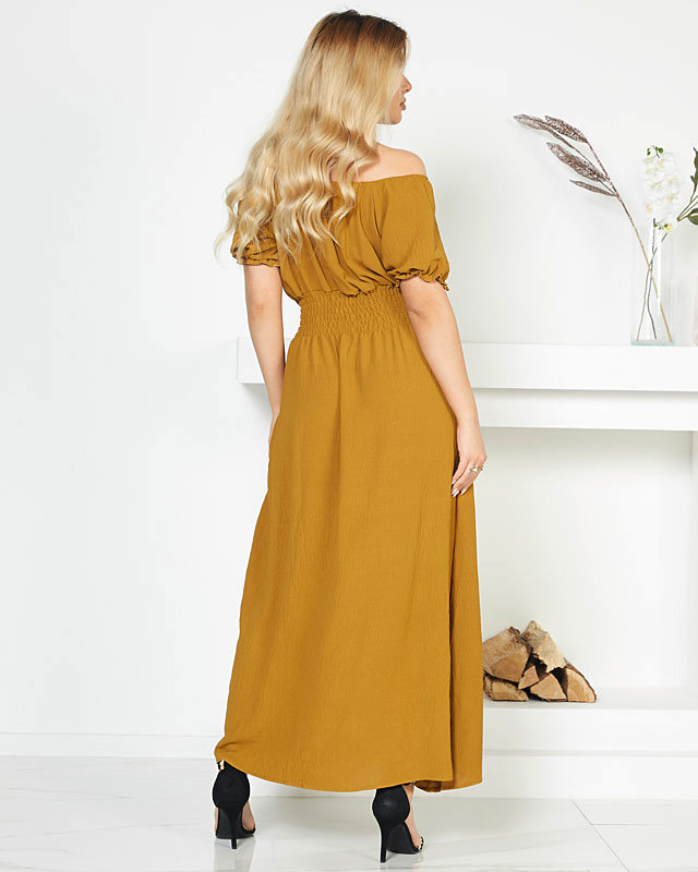 Midi suknelė elastingu juosmeniu - garstyčių spalvos - Drabužiai