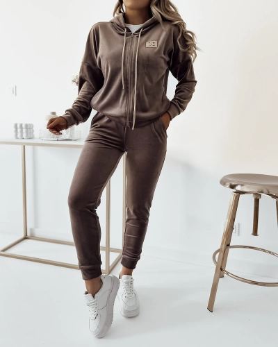 Royalfashion Коричневый женский комплект толстовки с нашивкой