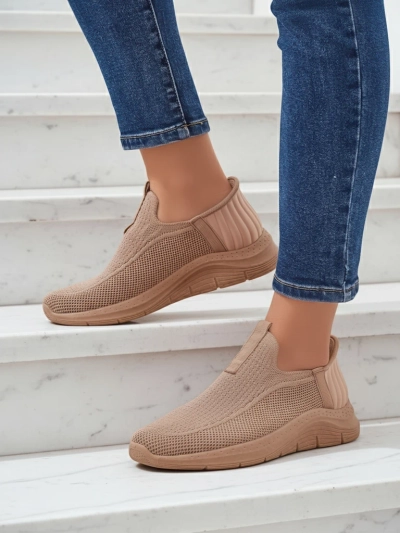 Selene Beige Slip-On Sneakers – Comfy Flat-Heeled Kicks for Ladies