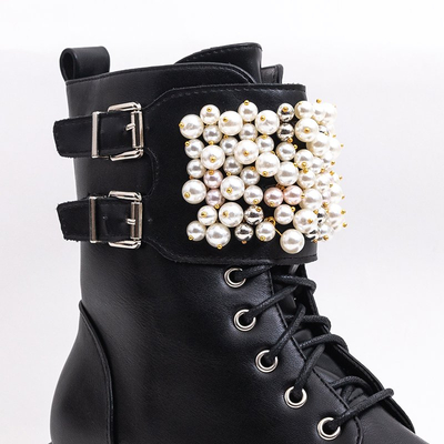 Juodi moteriški žygio batai su perlų ornamentu Anahi - Avalynė